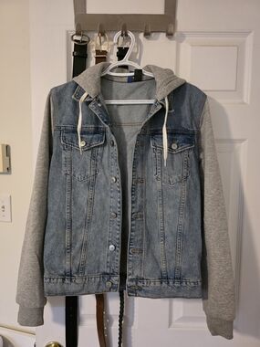H&M Light Blue Denim Jacket with Gray Hoodie & Sleeves - SM